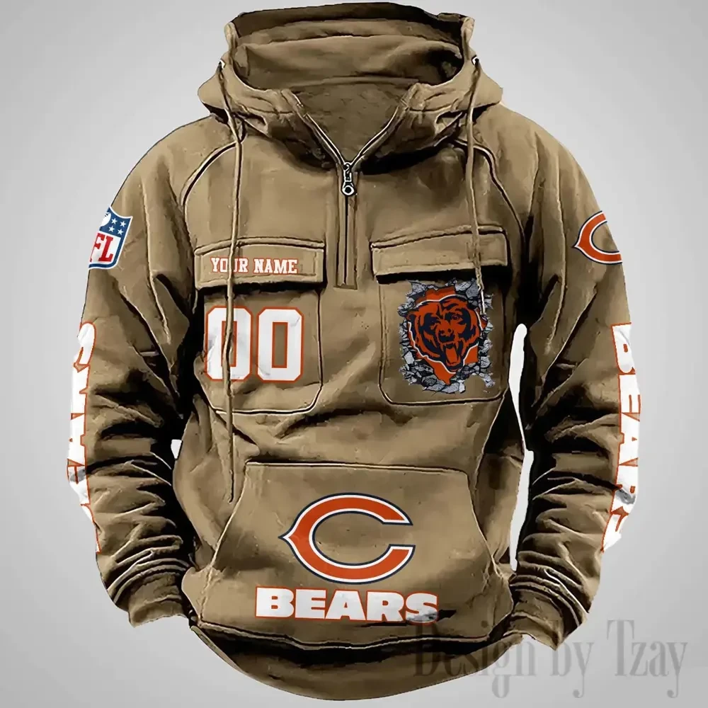 Chicago Bears Long Sleeve Zipper Pocket Clothing Hooded Pullover Male Retro AZVMHD1225