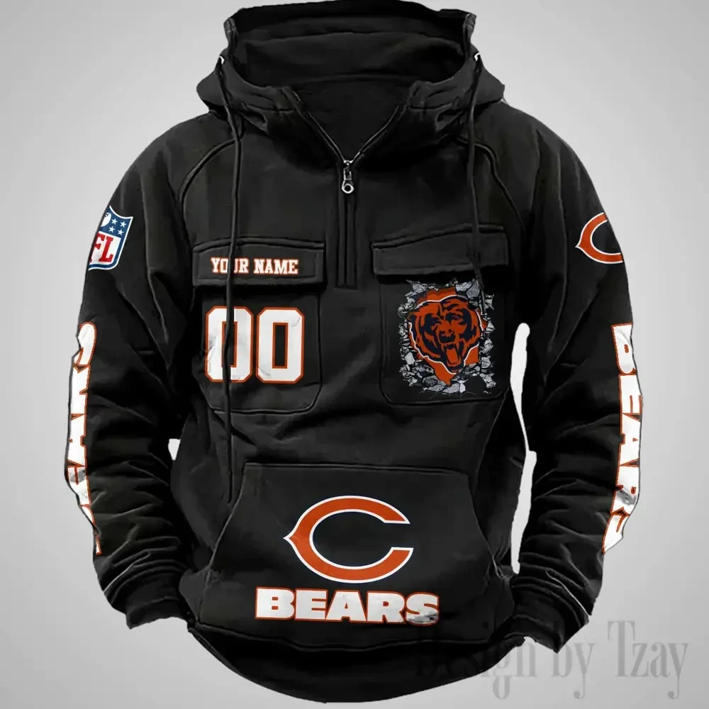Chicago Bears Long Sleeve Zipper Pocket Clothing Hooded Pullover Male Retro PBY9B1R