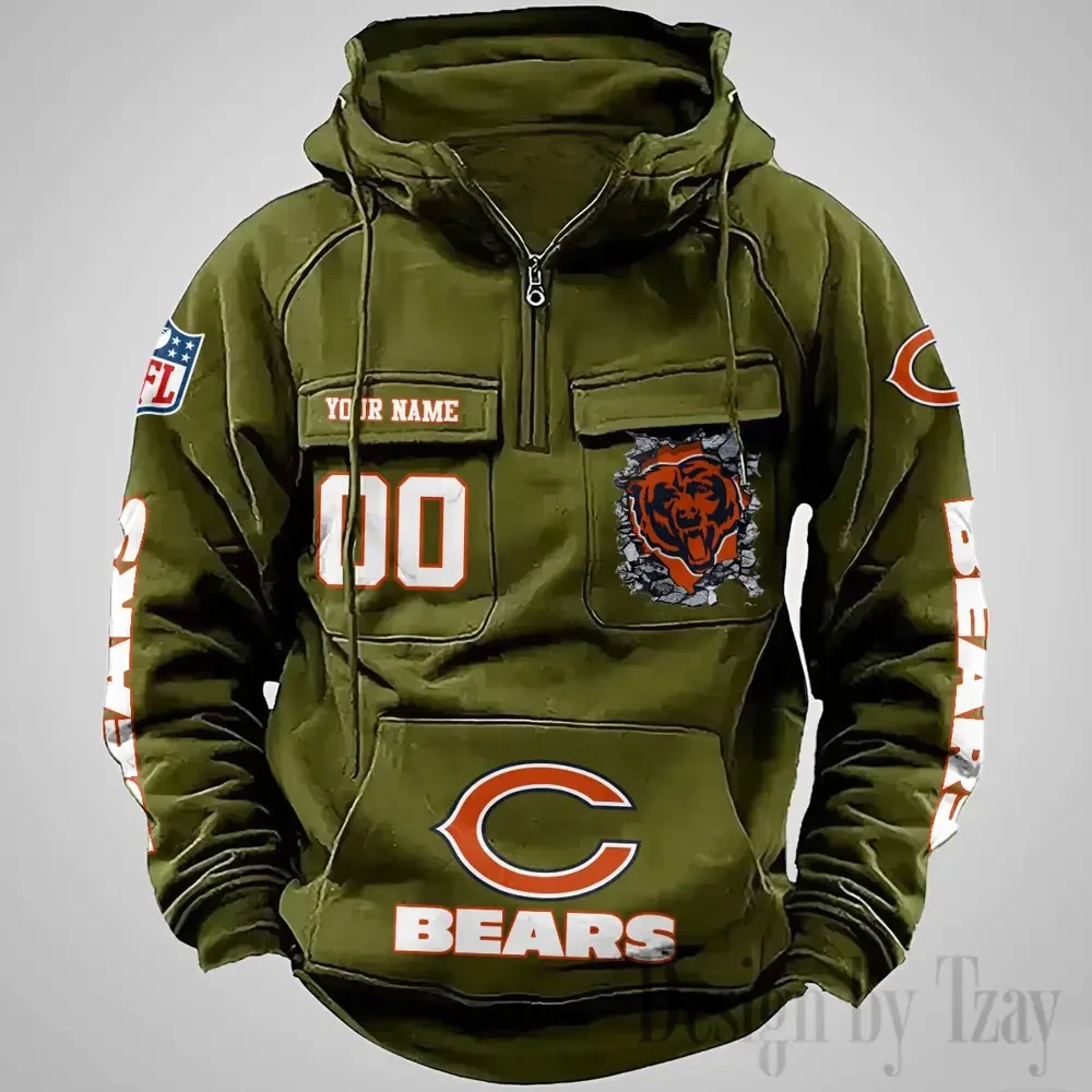 Chicago Bears Long Sleeve Zipper Pocket Clothing Hooded Pullover Male Retro PBY9B1R