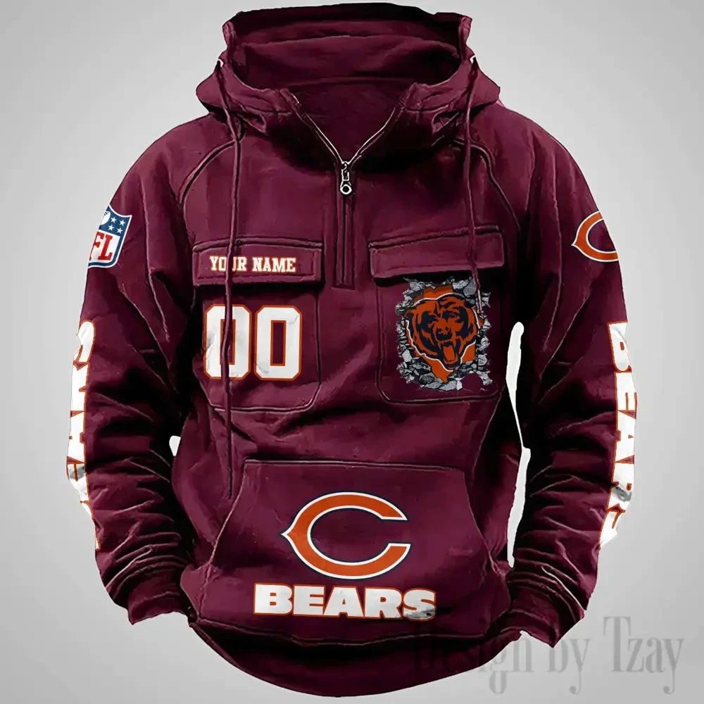 Chicago Bears Long Sleeve Zipper Pocket Clothing Hooded Pullover Male Retro PBY9B1R