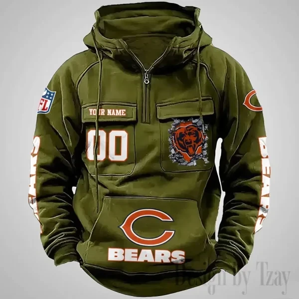 Chicago Bears Long Sleeve Zipper Pocket Clothing Hooded Pullover Male Retro PBY9B1R