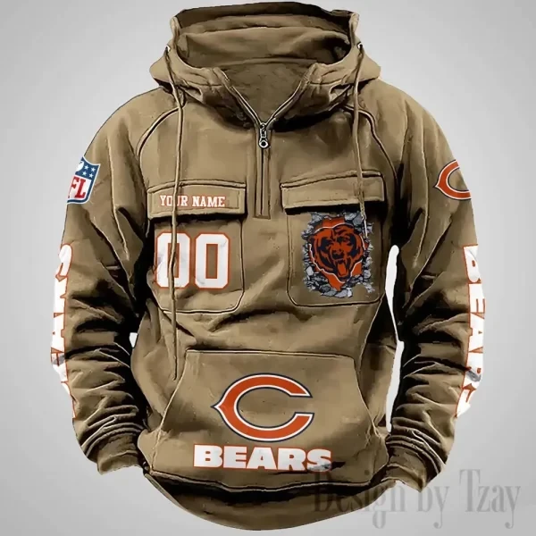 Chicago Bears Long Sleeve Zipper Pocket Clothing Hooded Pullover Male Retro PBY9B1R