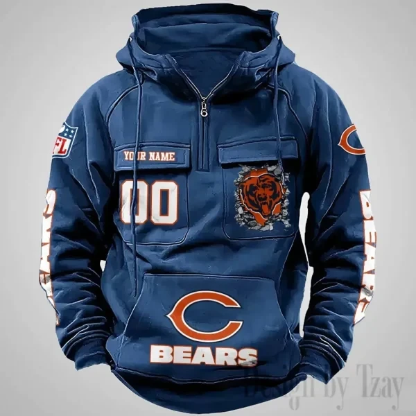 Chicago Bears Long Sleeve Zipper Pocket Clothing Hooded Pullover Male Retro PBY9B1R