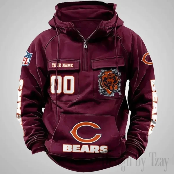 Chicago Bears Long Sleeve Zipper Pocket Clothing Hooded Pullover Male Retro PBY9B1R
