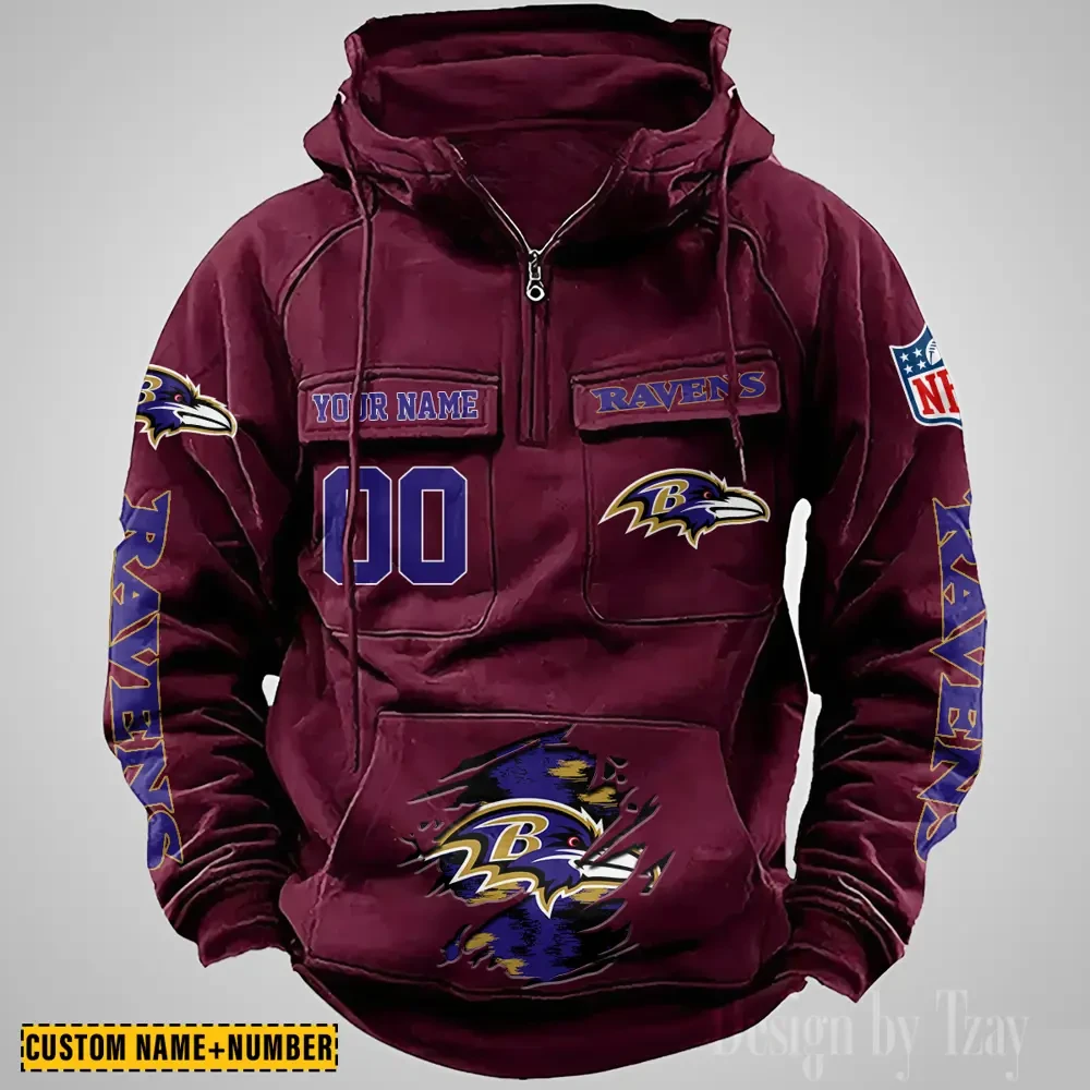 Baltimore Ravens NFL Multi Pocket Zipper Retro Hoodie PBM45NF