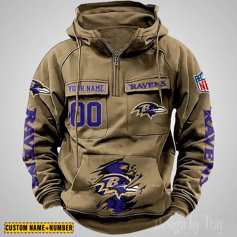 Baltimore Ravens NFL Multi Pocket Zipper Retro Hoodie PBM45NF