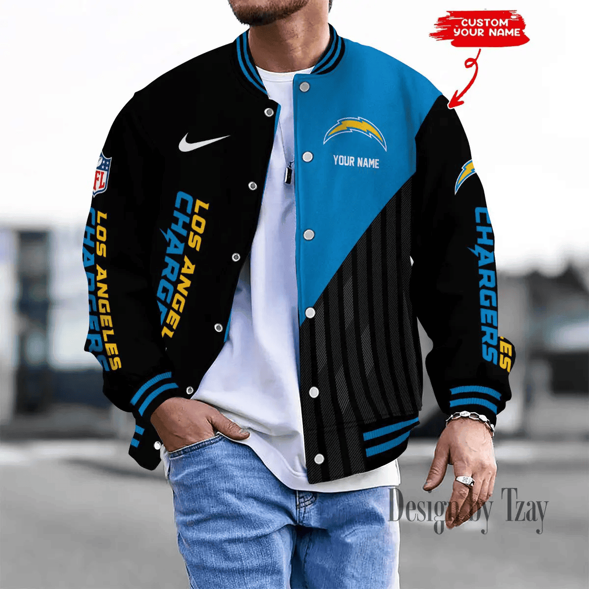 SPTBBJACKET114-Los Angeles Chargers Personalized New Baseball Jacket Gifts For Fan