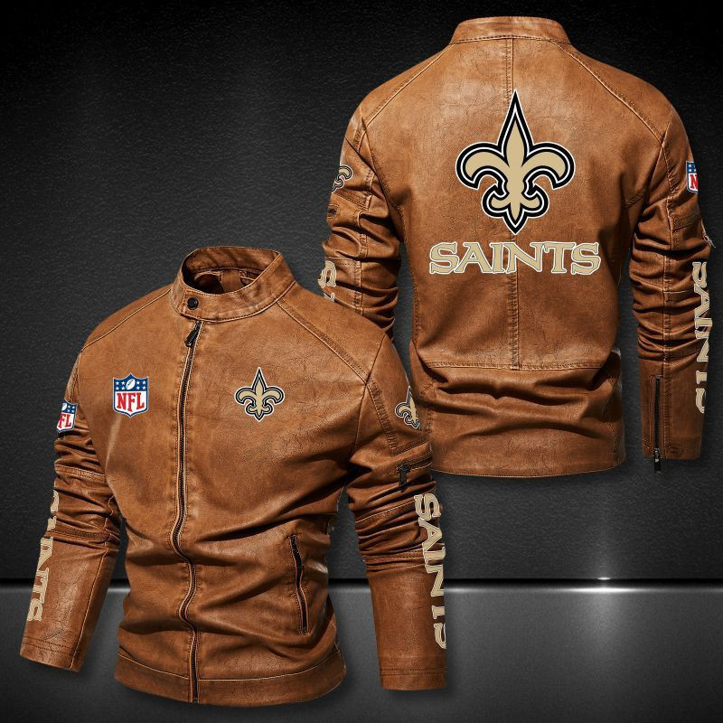 New Orleans Saints Stand-up Collar Leather Jacket BG09