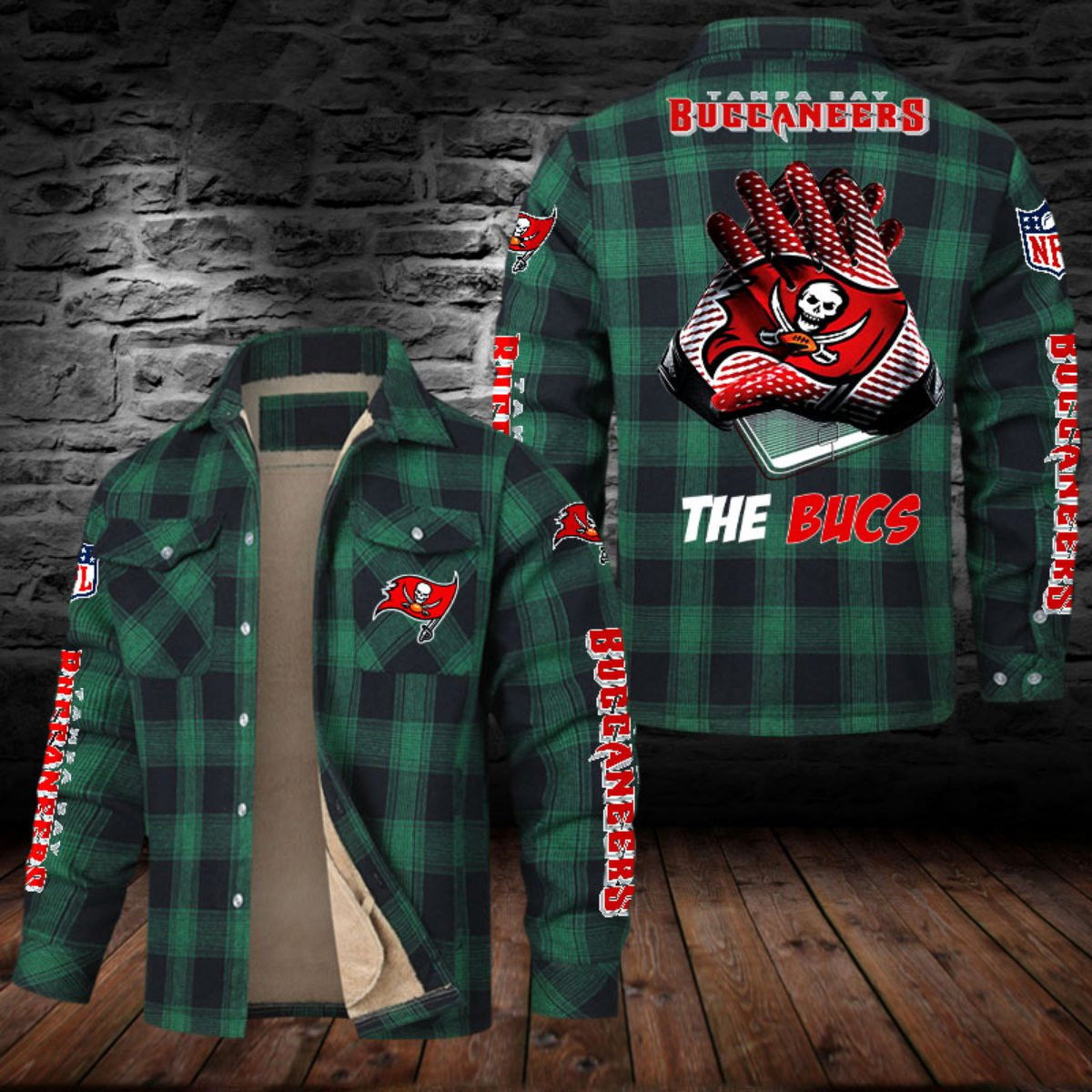 Tampa Bay Buccaneers Sherpa Lined Plaid Flannel Button Shirt PBIR44Y
