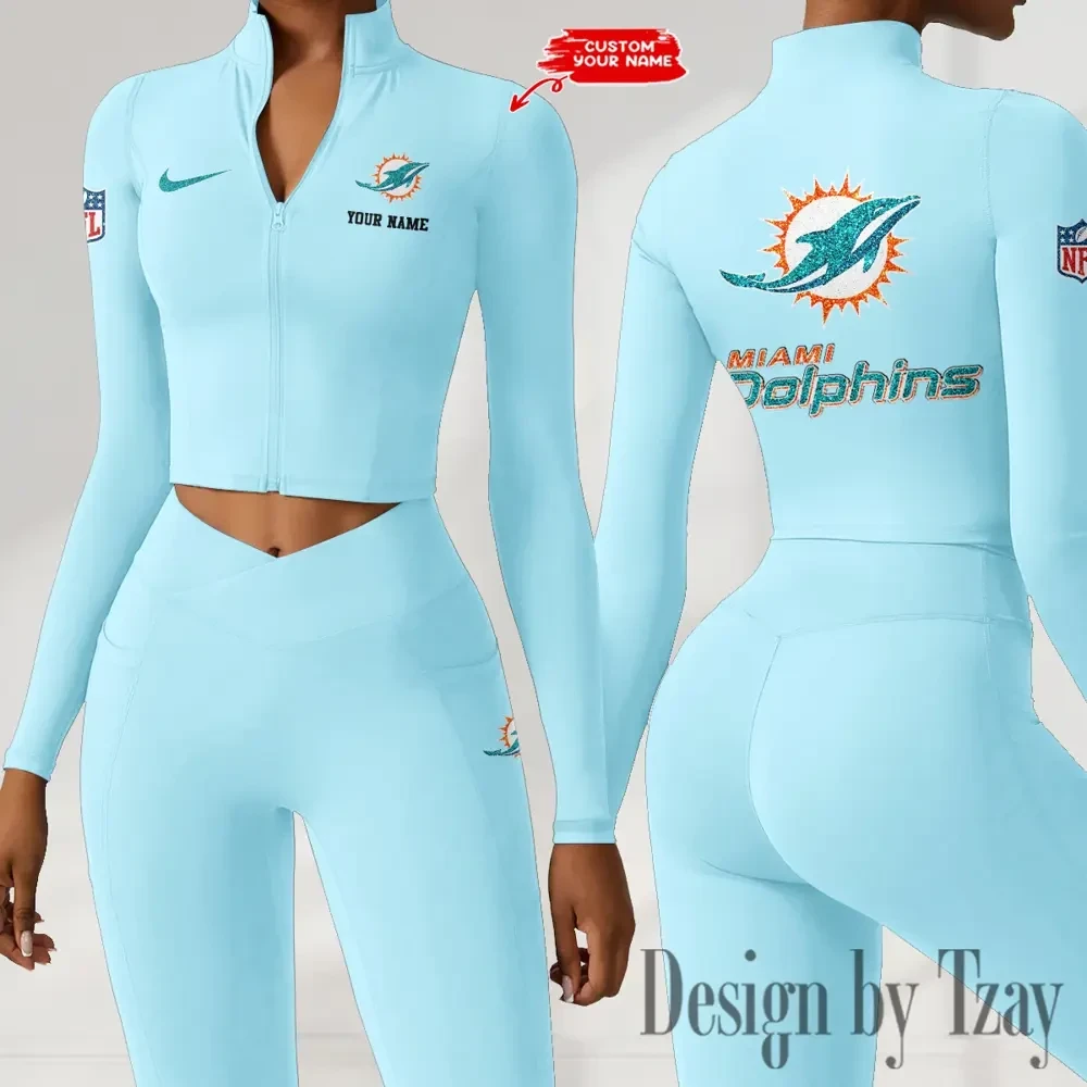 Miami Dolphins Zipper Sports Top Women Gym Long Sleeve for Fitness PBND6K9