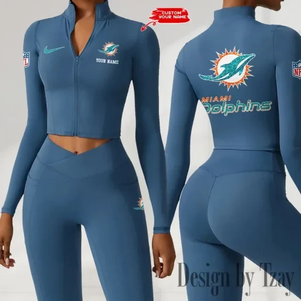 Miami Dolphins Zipper Sports Top Women Gym Long Sleeve for Fitness PBND6K9