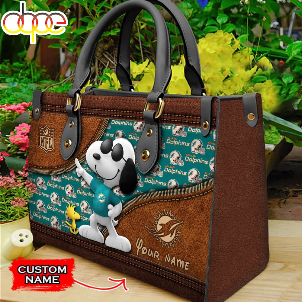 Custom Name Miami Dolphins Snoopy Dog Leather Hand Bag
