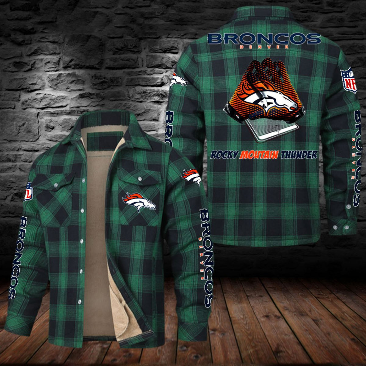 Denver Broncos Sherpa Lined Plaid Flannel Button Shirt PBIV5S8