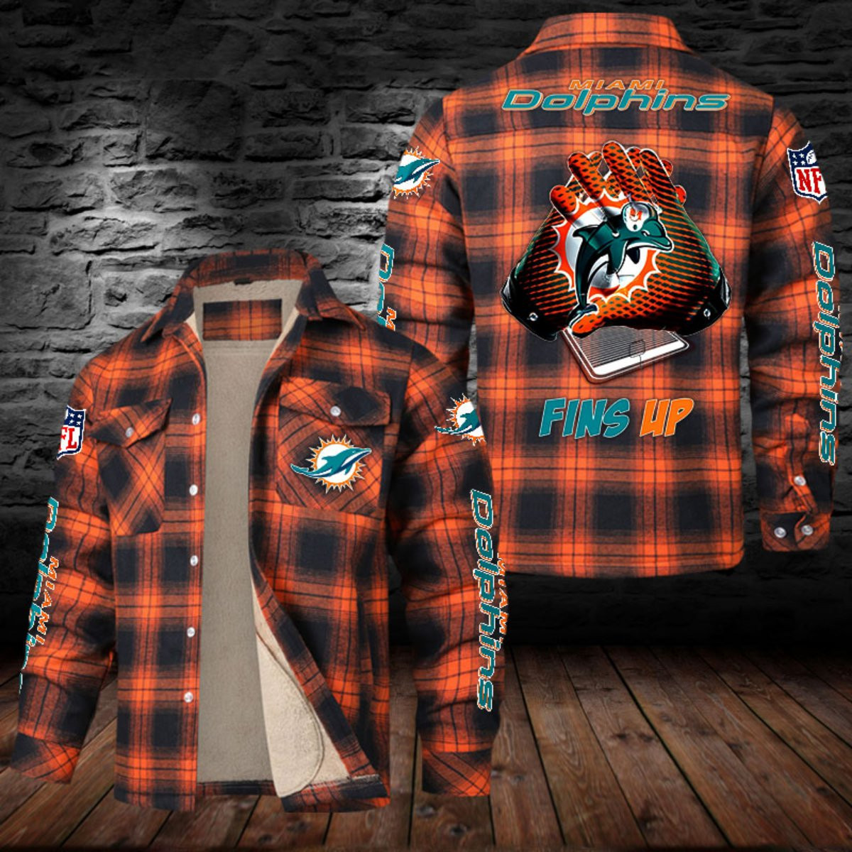 Miami Dolphins Sherpa Lined Plaid Flannel Button Shirt PB2T6CM