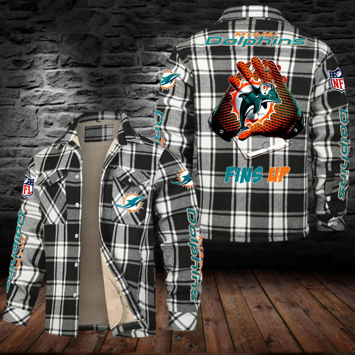 Miami Dolphins Sherpa Lined Plaid Flannel Button Shirt PB2T6CM