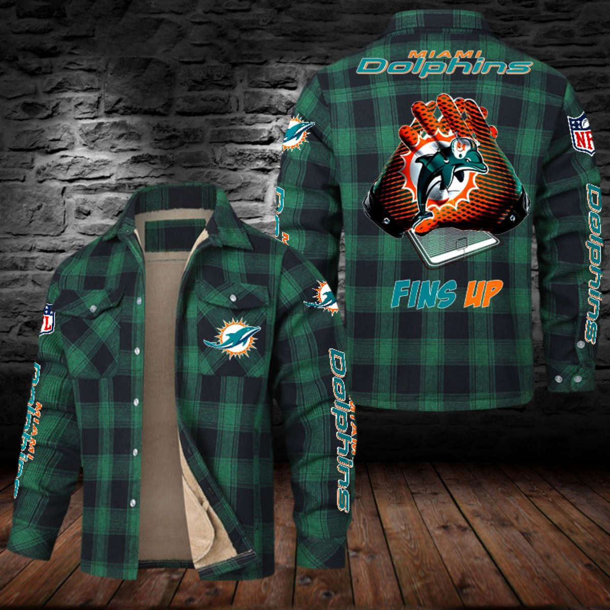 Miami Dolphins Sherpa Lined Plaid Flannel Button Shirt PB2T6CM
