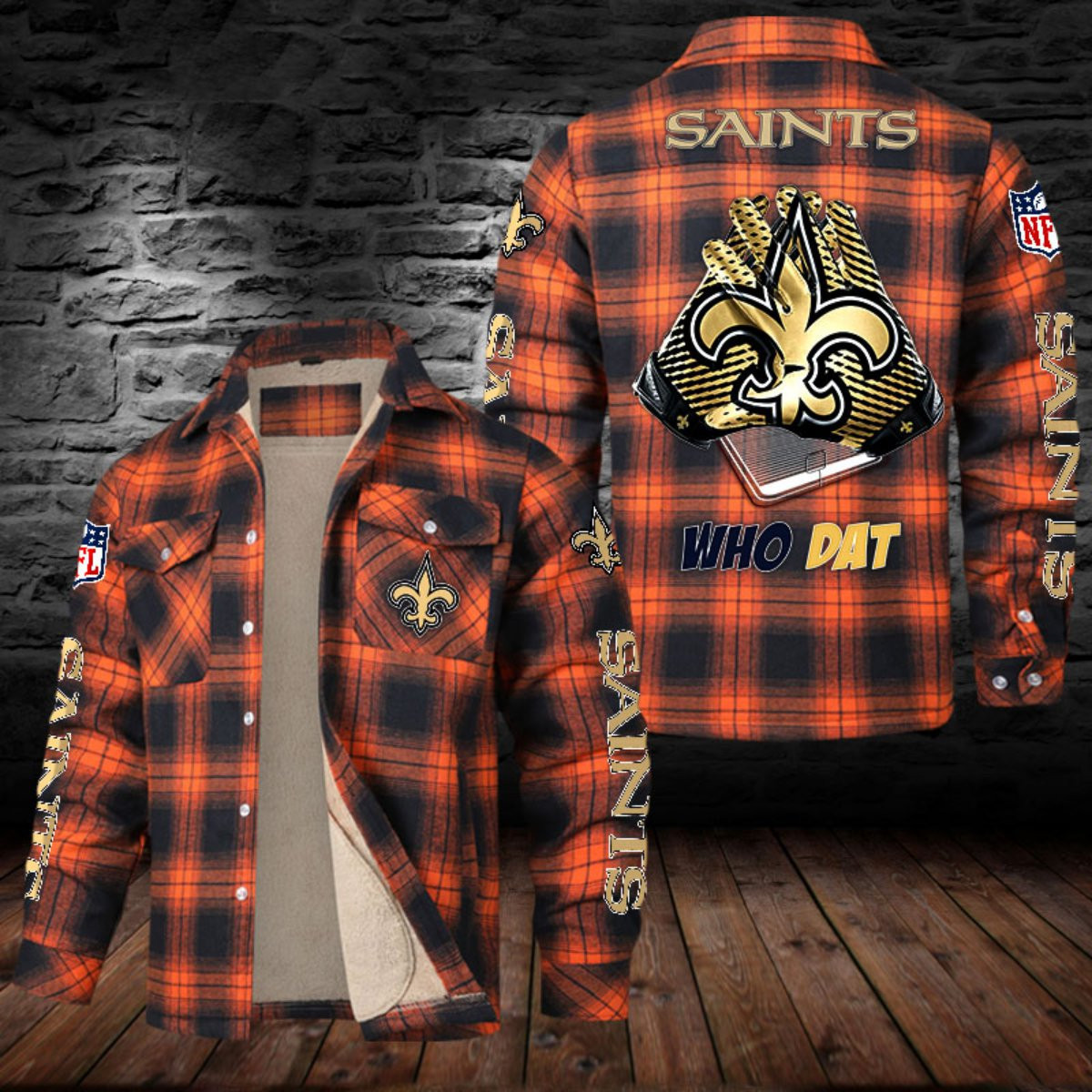 New Orleans Saints Sherpa Lined Plaid Flannel Button Shirt PB8FBQR