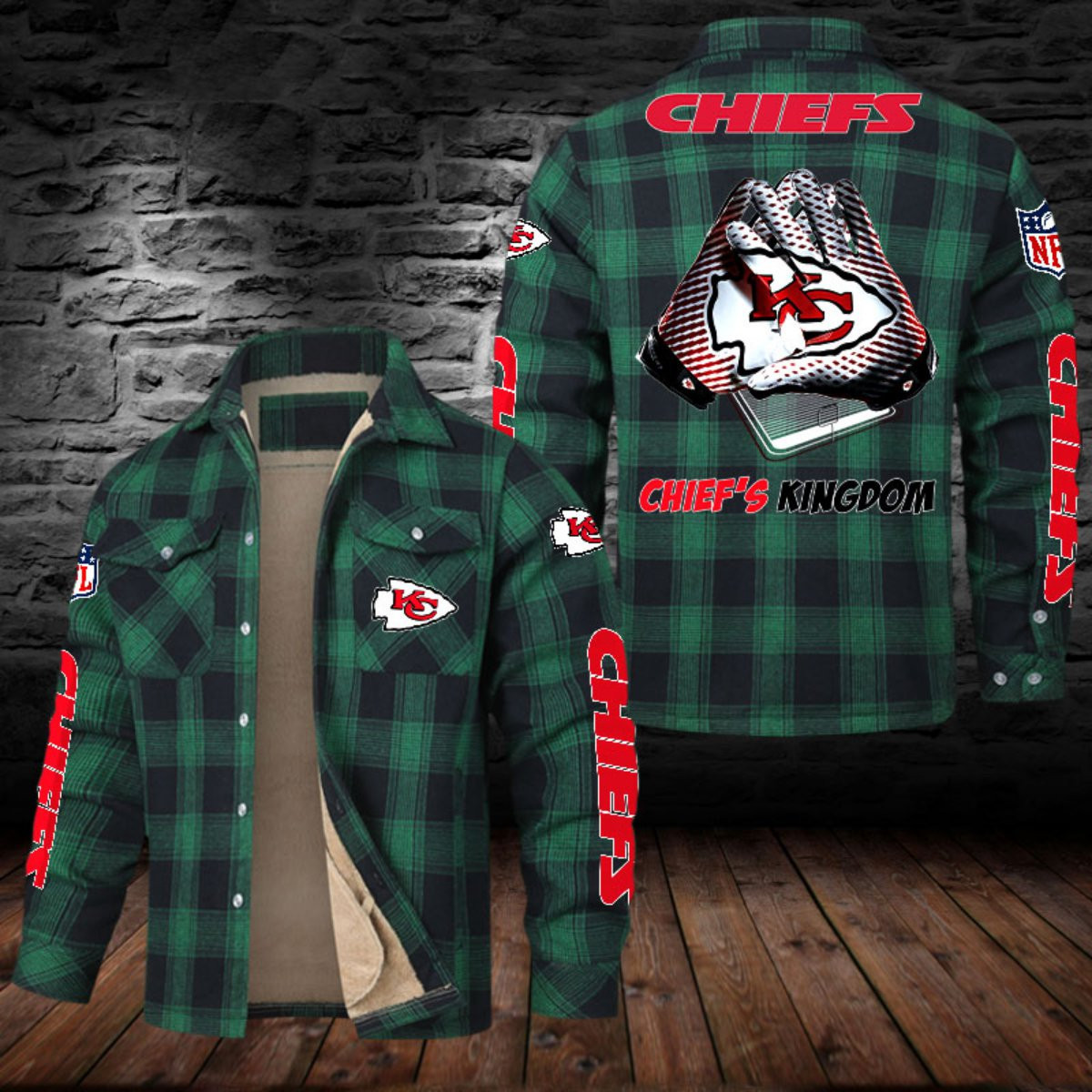 Kansas City Chiefs Sherpa Lined Plaid Flannel Button Shirt PBIA79V