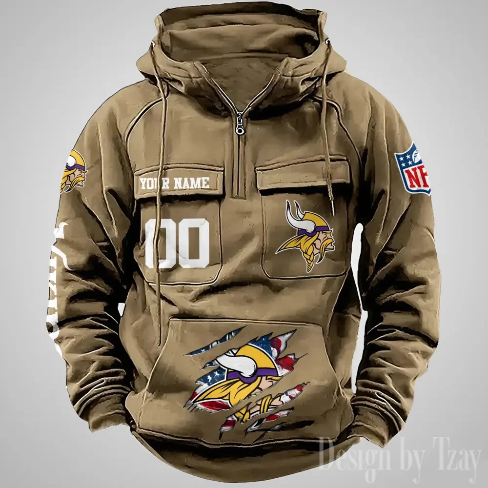 Minnesota Vikings Designer Hoodies For Men Casual Fashion Solid Multi-Pocket Zipper Long Slevee PBMX4B5