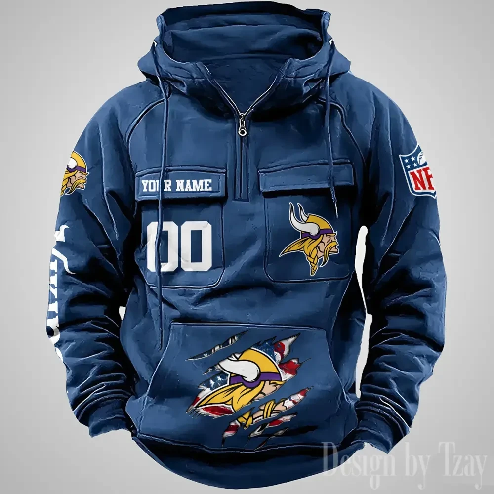 Minnesota Vikings Designer Hoodies For Men Casual Fashion Solid Multi-Pocket Zipper Long Slevee PBMX4B5