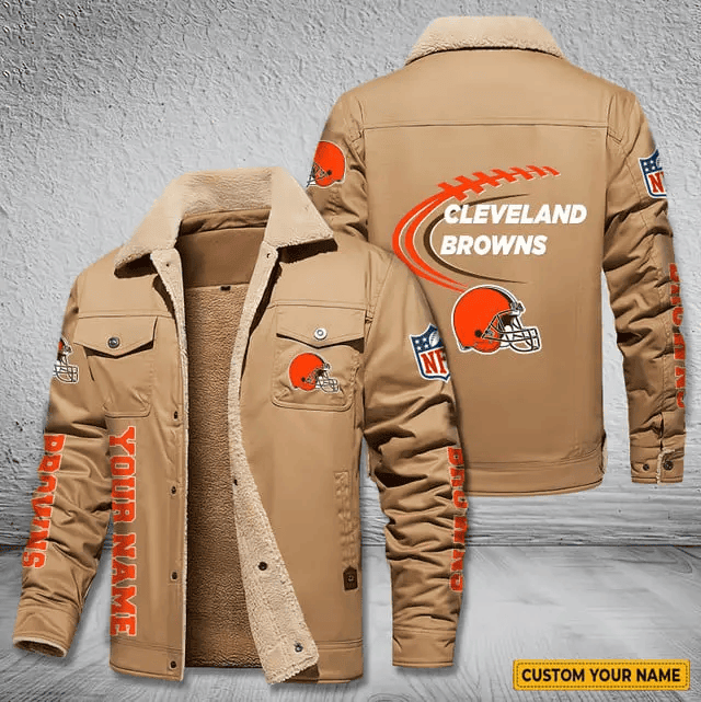 Cleveland Browns Personalized Men's Winter Cargo Jacket Fur Collar Fleece PBG4OK0
