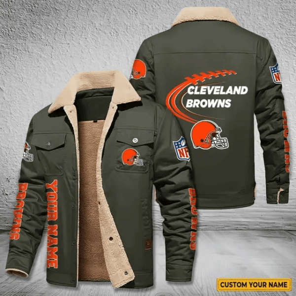 Cleveland Browns Personalized Men's Winter Cargo Jacket Fur Collar Fleece PBG4OK0
