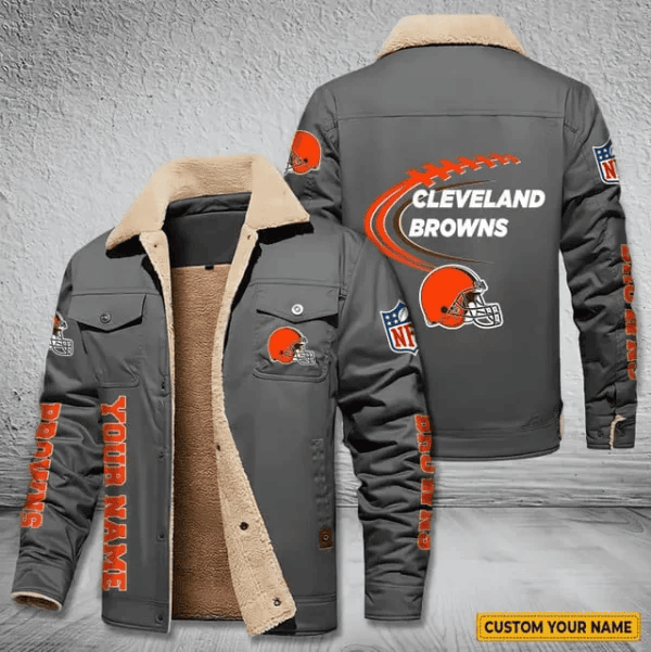 Cleveland Browns Personalized Men's Winter Cargo Jacket Fur Collar Fleece PBG4OK0