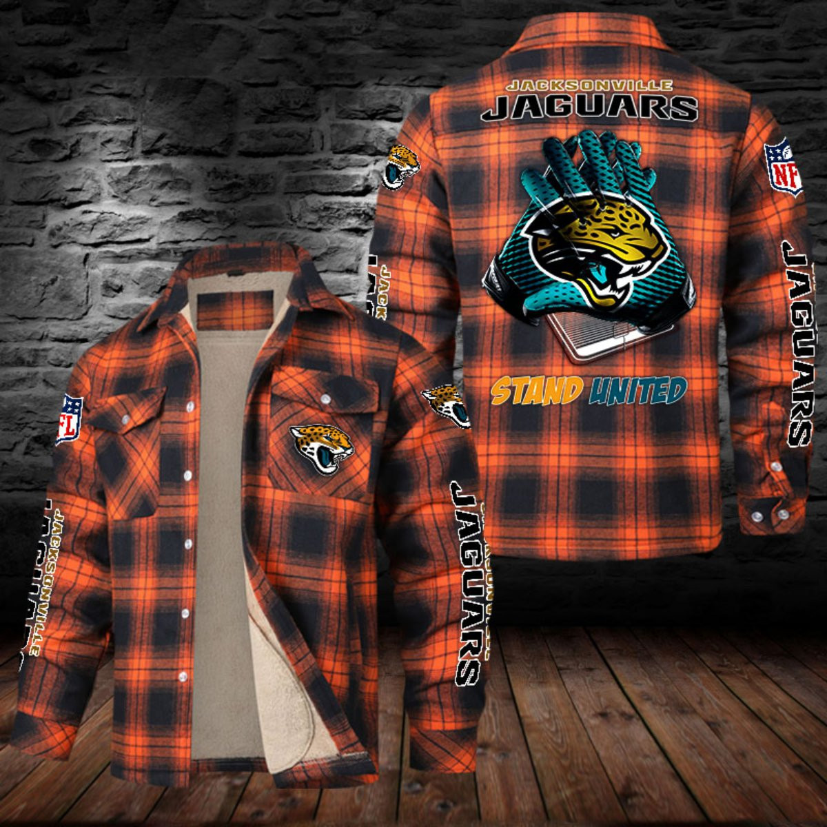 Jacksonville Jaguars Sherpa Lined Plaid Flannel Button Shirt PBV8Y8H