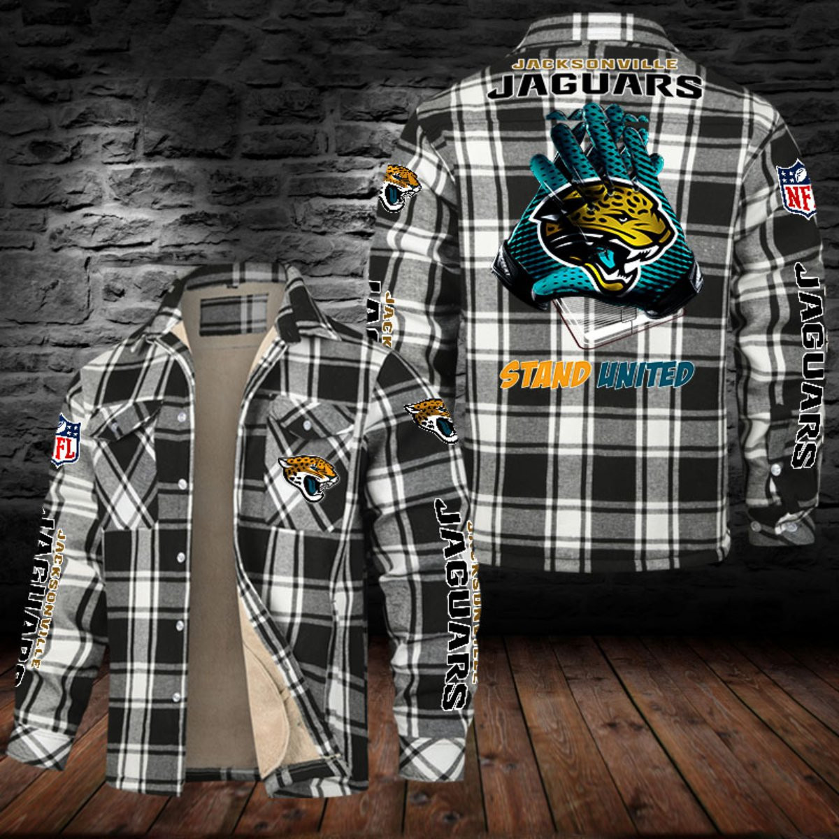 Jacksonville Jaguars Sherpa Lined Plaid Flannel Button Shirt PBV8Y8H