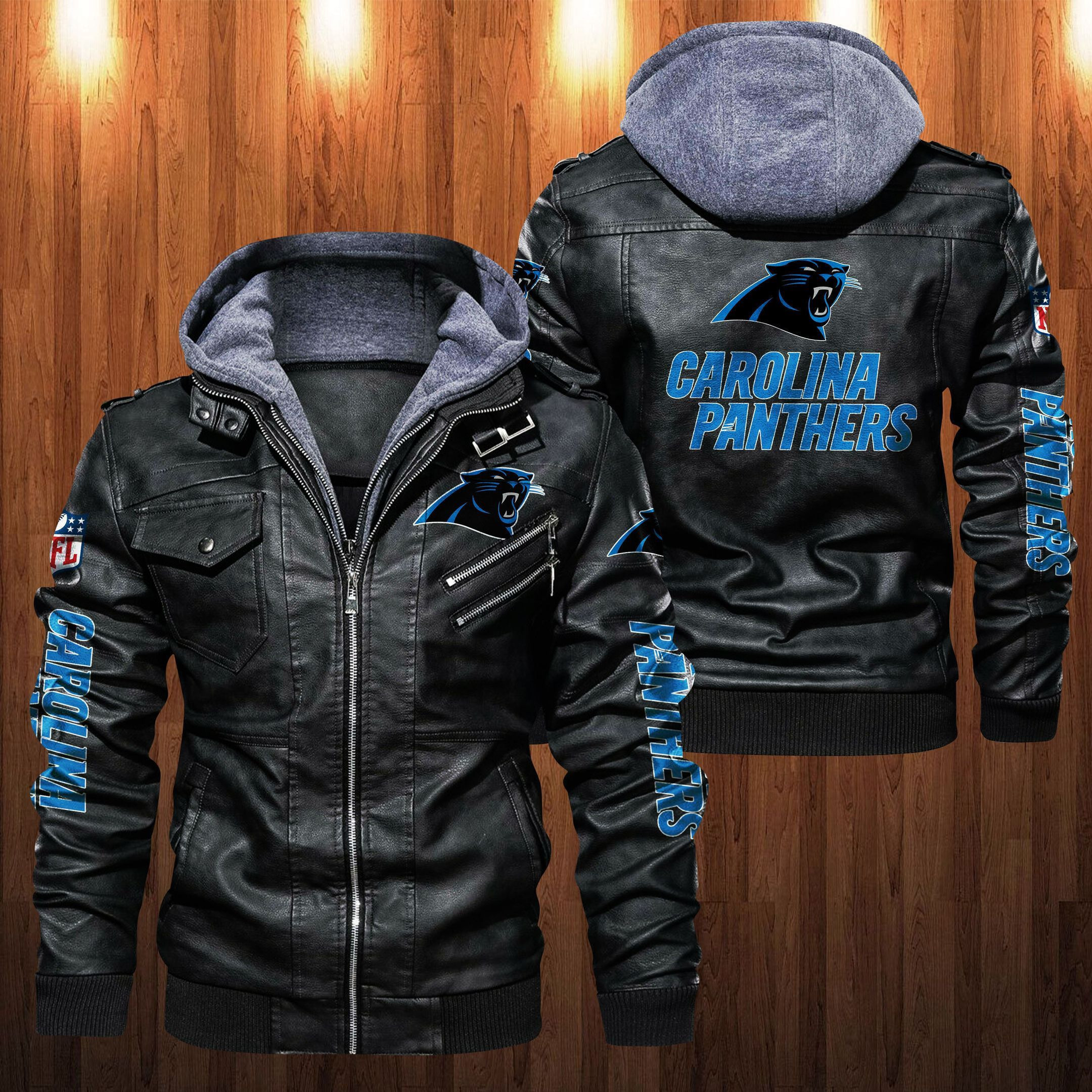 Carolina Panthers HVKC1238 - Premium & Ultra-Thick Leather Jacket with Fleece Hood