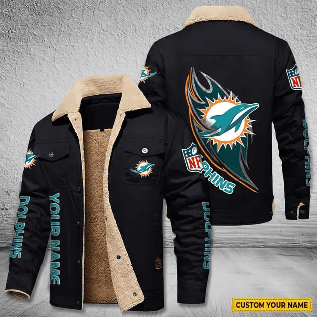 Miami Dolphins Personalized Men's Winter Cargo Jacket Fur Collar Fleece S9WCJ036