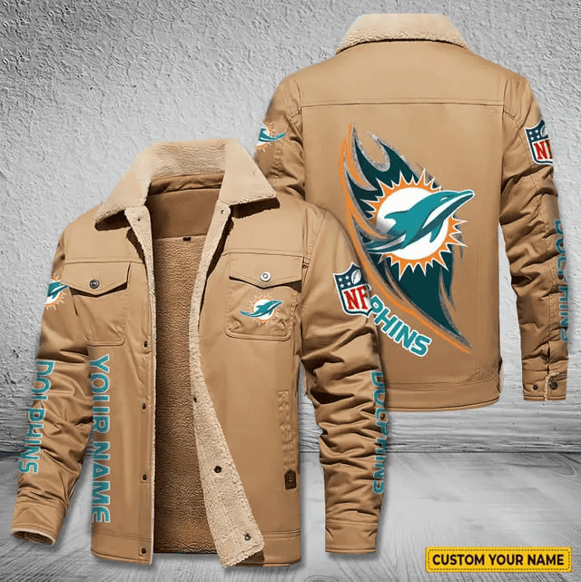Miami Dolphins Personalized Men's Winter Cargo Jacket Fur Collar Fleece PB9D3V7