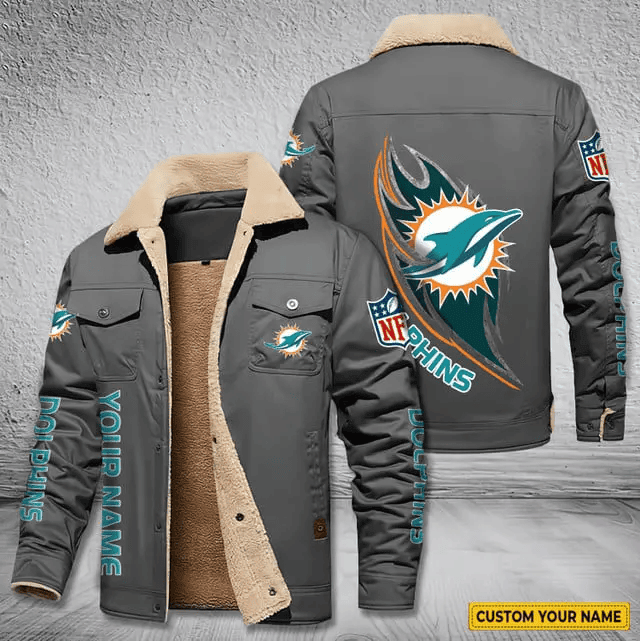 Miami Dolphins Personalized Men's Winter Cargo Jacket Fur Collar Fleece PB9D3V7