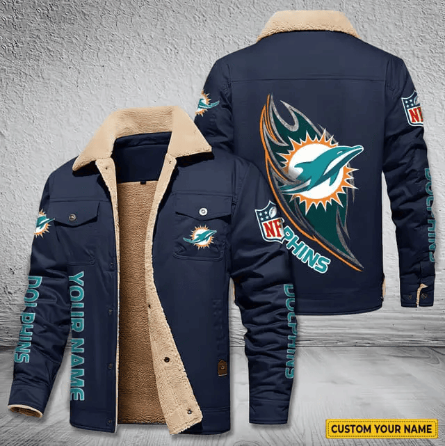 Miami Dolphins Personalized Men's Winter Cargo Jacket Fur Collar Fleece PB9D3V7
