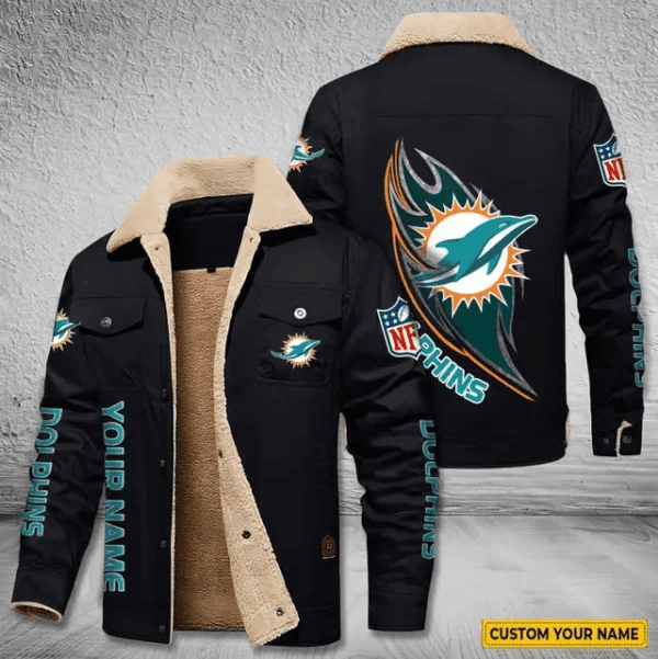 Miami Dolphins Personalized Men's Winter Cargo Jacket Fur Collar Fleece PB9D3V7