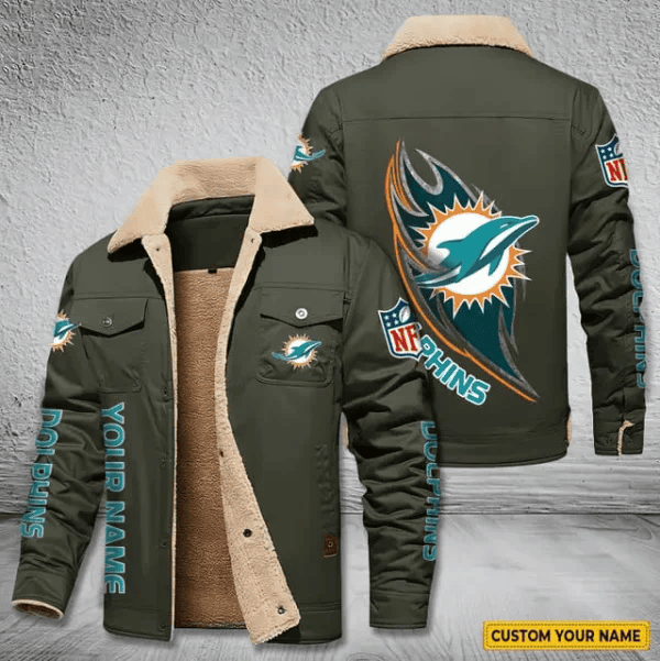 Miami Dolphins Personalized Men's Winter Cargo Jacket Fur Collar Fleece PB9D3V7
