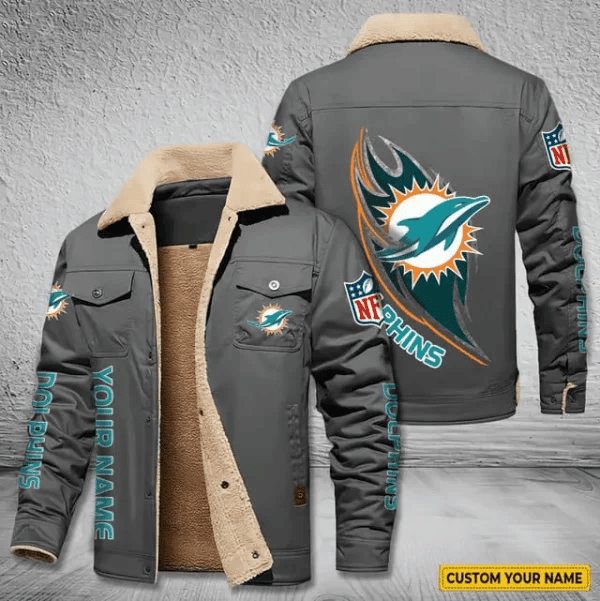 Miami Dolphins Personalized Men's Winter Cargo Jacket Fur Collar Fleece PB9D3V7