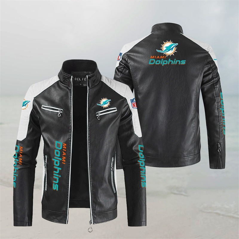 Miami Dolphins Stand Collar Leather Jacket BG40