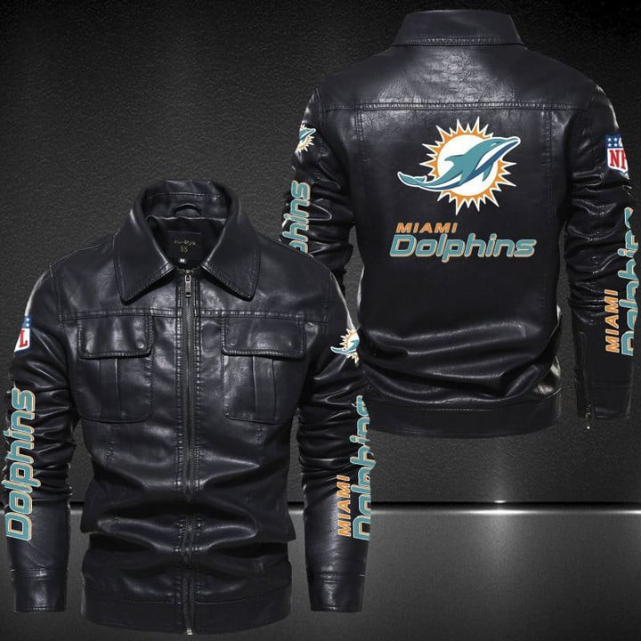 Miami Dolphins Collared Leather Jacket For Sport Fan AZCCLJ019