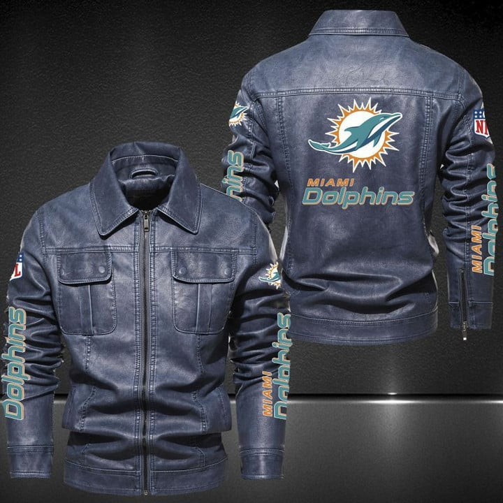 Miami Dolphins Collared Leather Jacket For Sport Fan PBO3M76