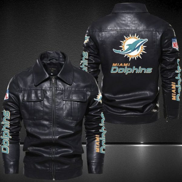Miami Dolphins Collared Leather Jacket For Sport Fan PBO3M76
