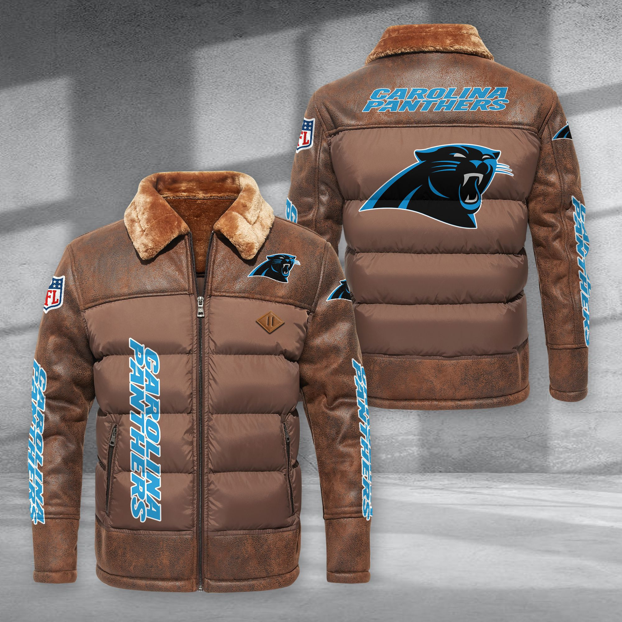 Carolina Panthers Fur Collar Leather-Look Puffer Jacket PBZ61EF