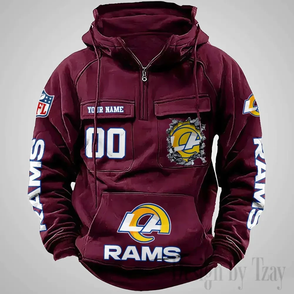 Los Angeles Rams Long Sleeve Zipper Pocket Clothing Hooded Pullover Male Retro AZVMHD1238