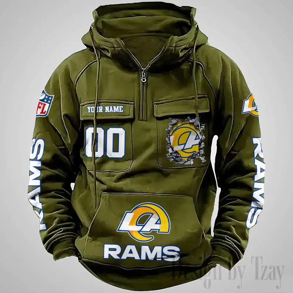 Los Angeles Rams Long Sleeve Zipper Pocket Clothing Hooded Pullover Male Retro PBY14VK