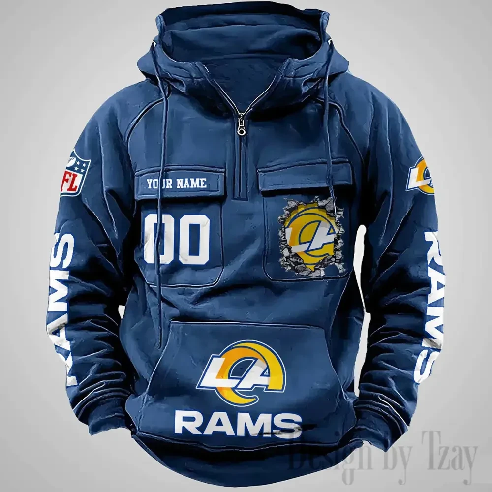 Los Angeles Rams Long Sleeve Zipper Pocket Clothing Hooded Pullover Male Retro PBY14VK