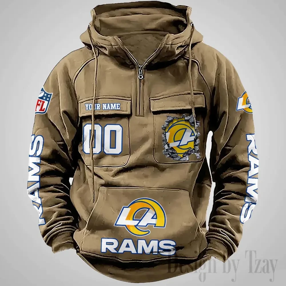 Los Angeles Rams Long Sleeve Zipper Pocket Clothing Hooded Pullover Male Retro PBY14VK