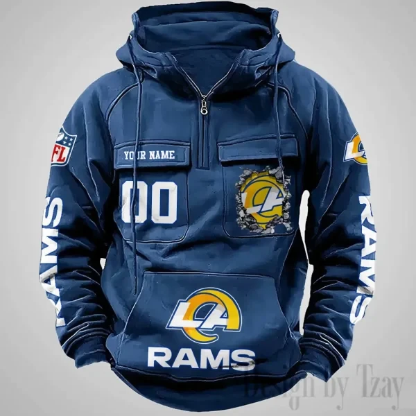 Los Angeles Rams Long Sleeve Zipper Pocket Clothing Hooded Pullover Male Retro PBY14VK