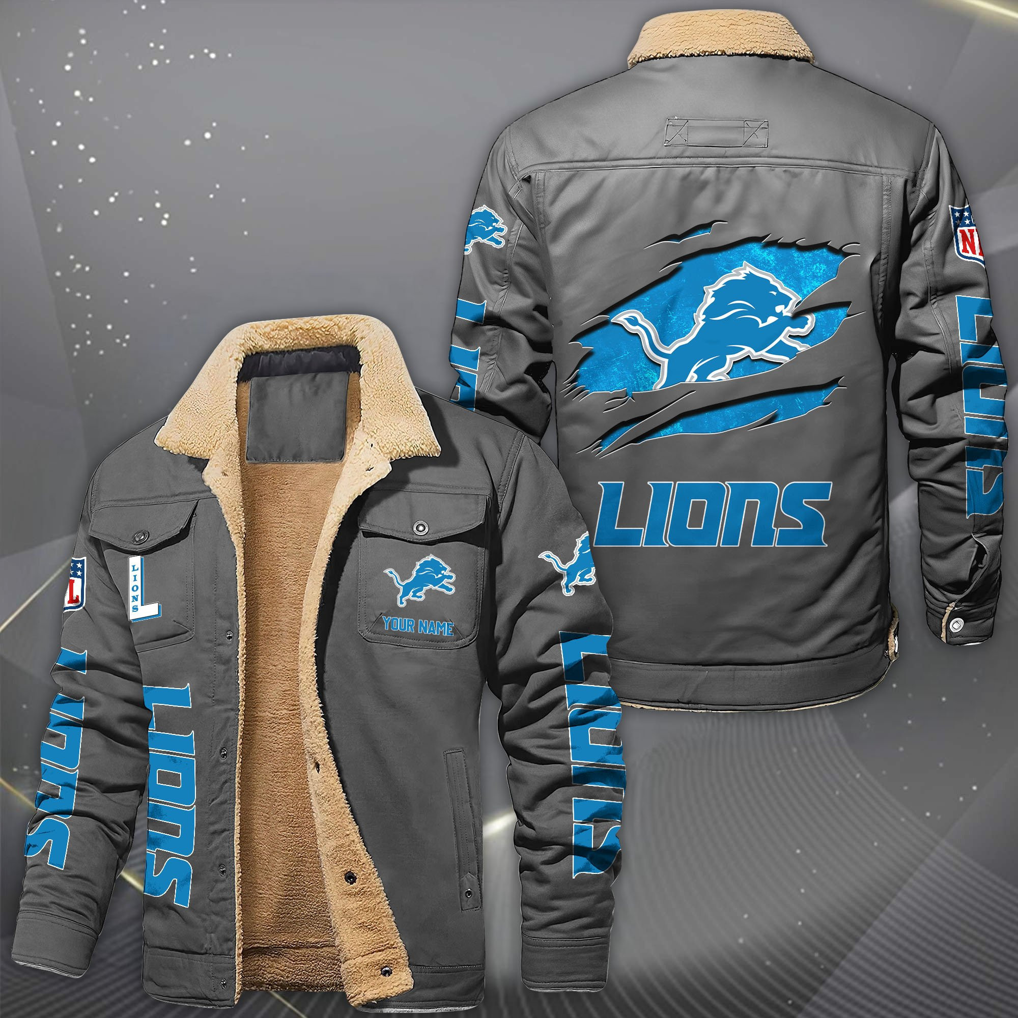 Detroit Lions Fleece Lined Cargo Jacket Custom Your Name HY87A