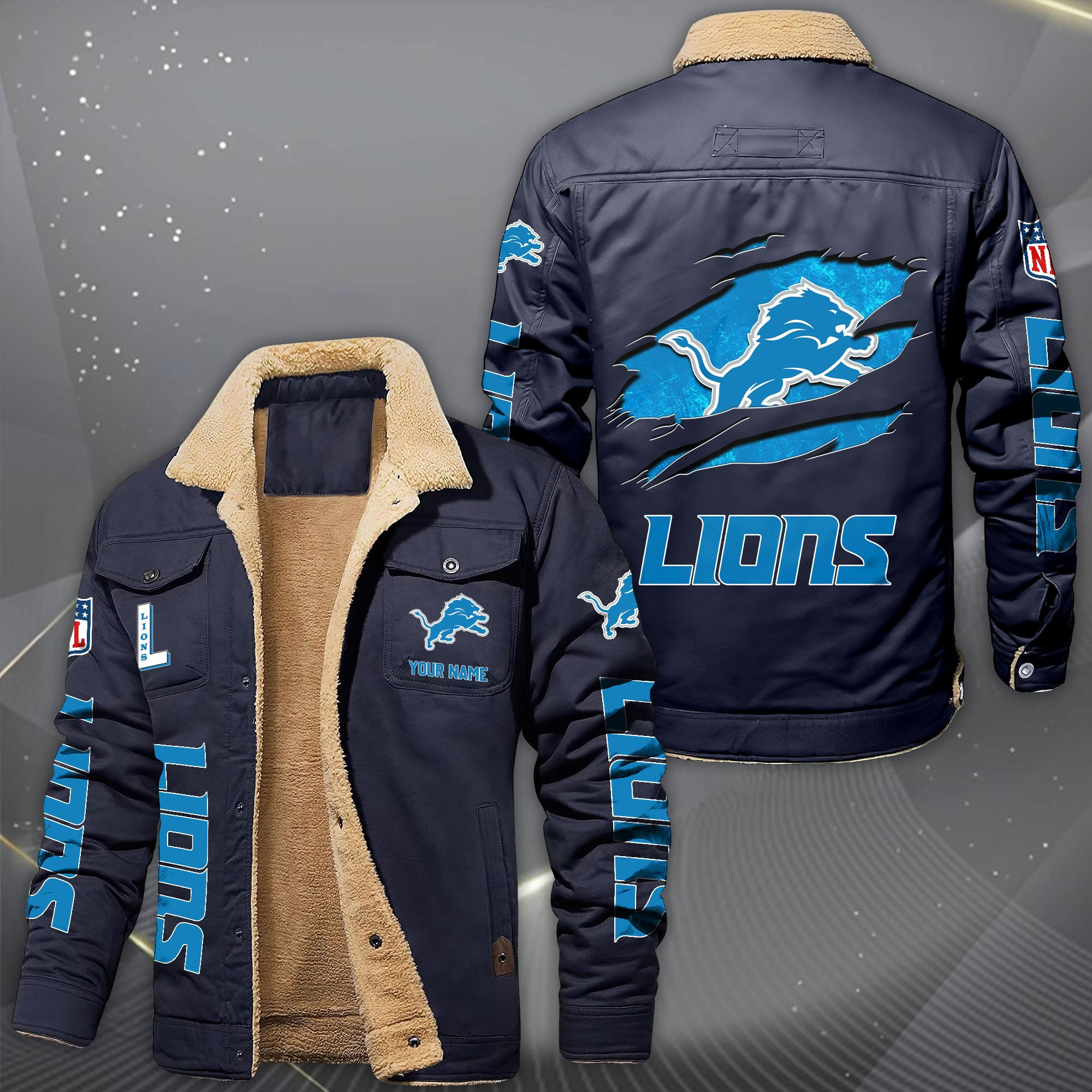 Detroit Lions Fleece Lined Cargo Jacket Custom Your Name PBX7J9K