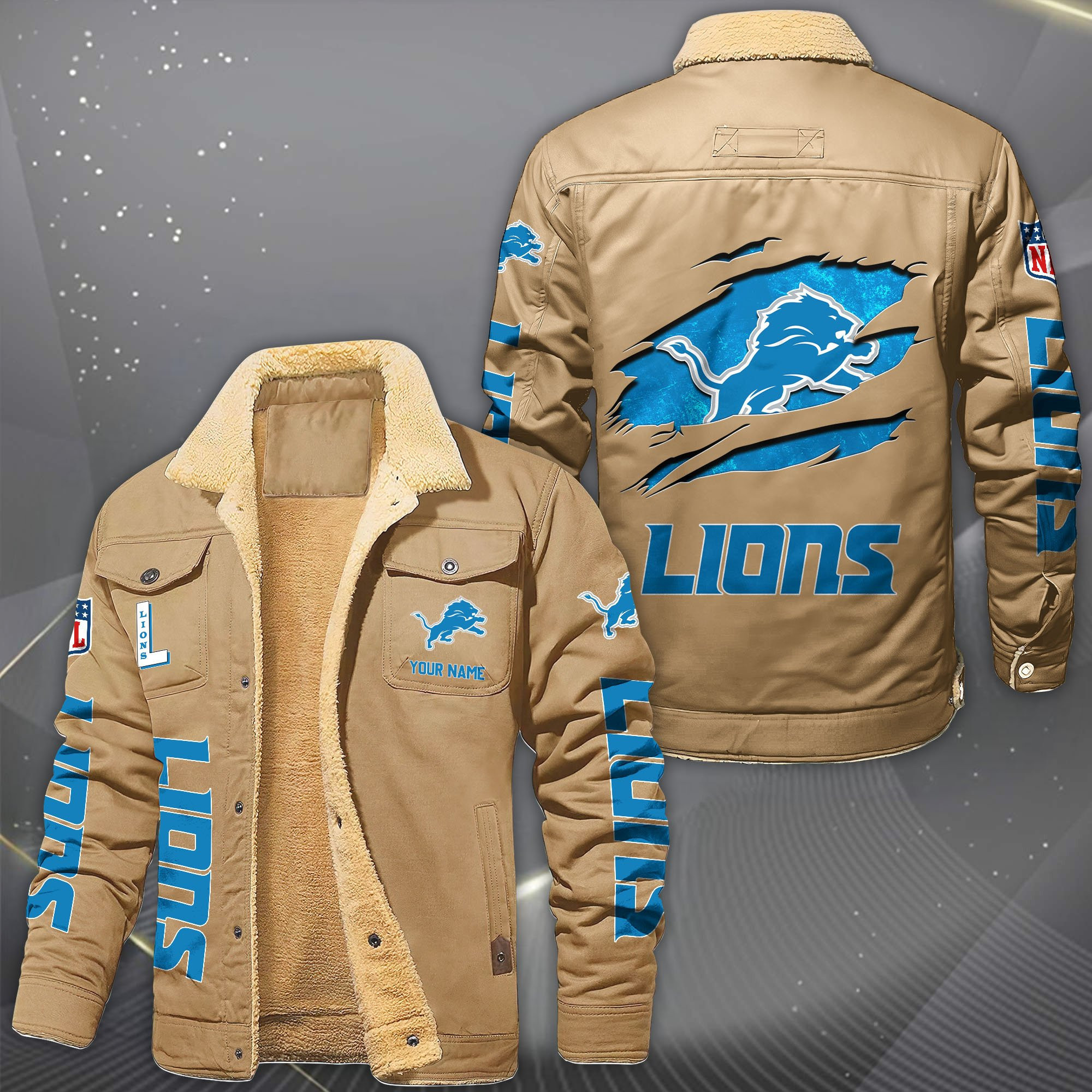 Detroit Lions Fleece Lined Cargo Jacket Custom Your Name PBX7J9K